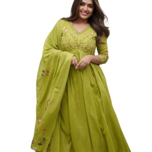 women's cotton embroidered long anarkali kurti with pant and dupatta set